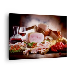 Quadro su tela - Stampe su Tela - Affettati con vino su sfondo rustico - 70x50cm - Sogno culinario con caraffa - Decorazione murale moderna per soggiorno e camera da letto ARTTOR