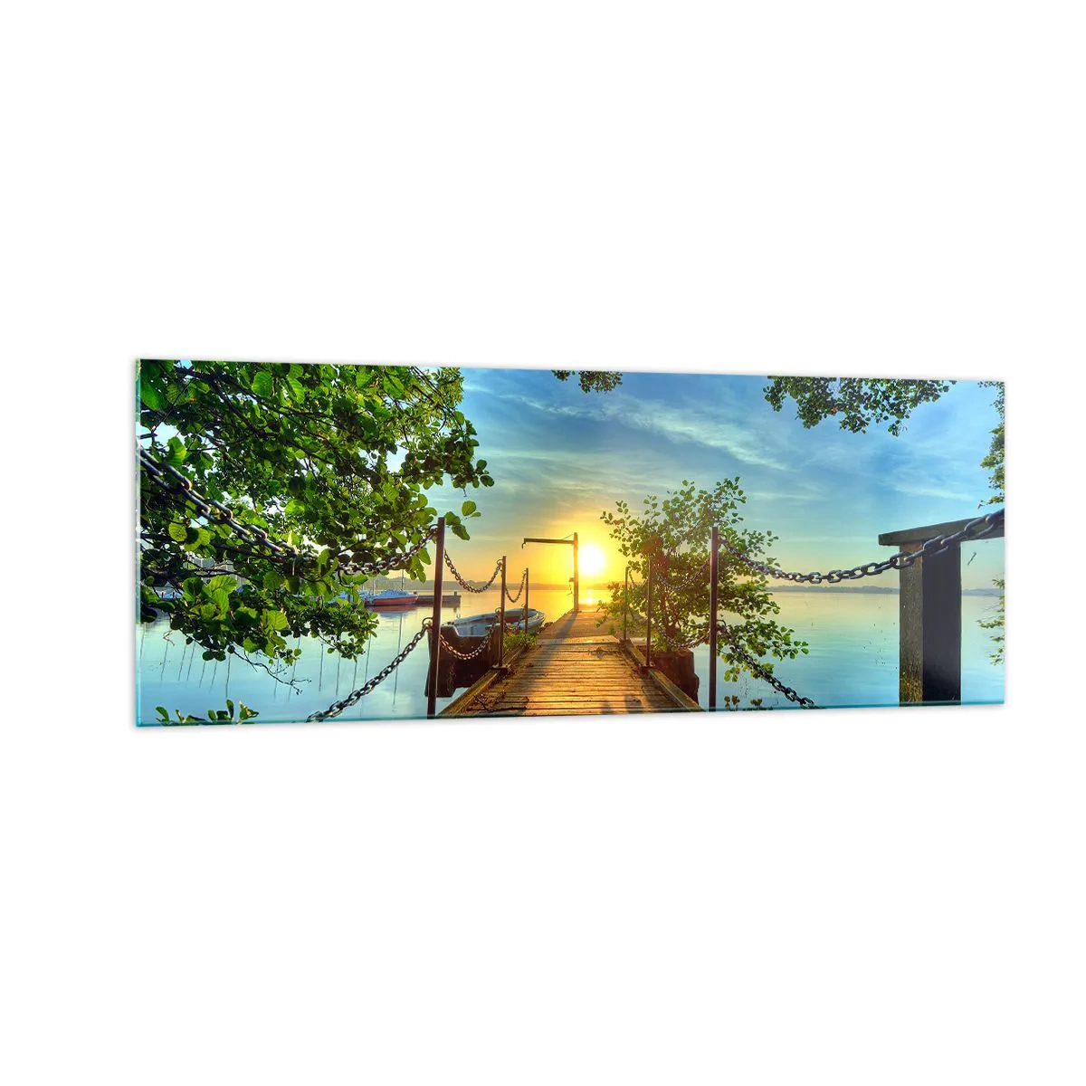Quadro su vetro - Un molo sul lago sotto i raggi del tramonto - 140x50cm - Tramonto sul lago - Decorazione murale moderna per soggiorno e camera da letto ARTTOR
