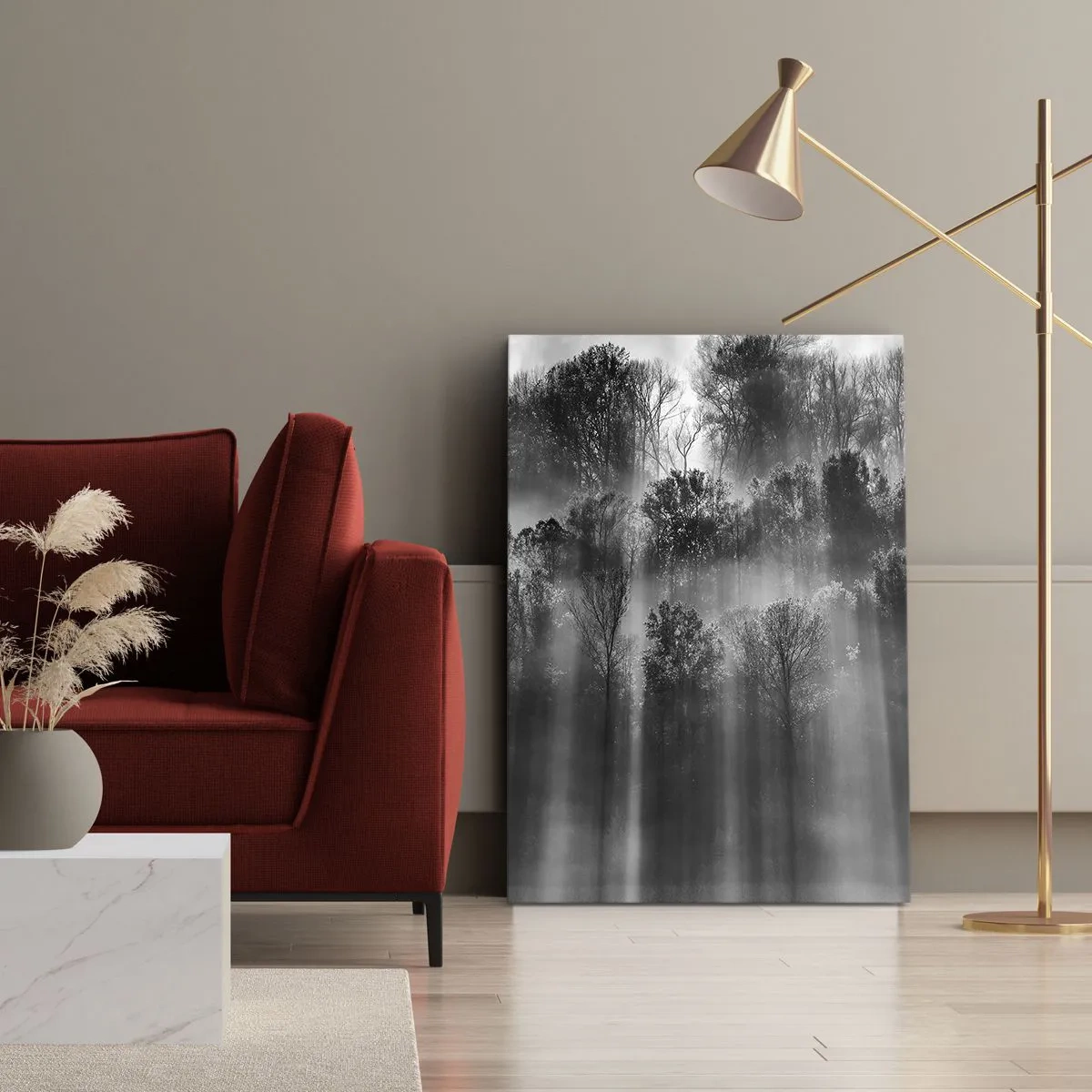 Quadro su tela - Stampe su Tela - Foresta in bianco e nero alla luce del mattino - 50x70cm - Nei getti di luce - Decorazione murale moderna per soggiorno e camera da letto ARTTOR