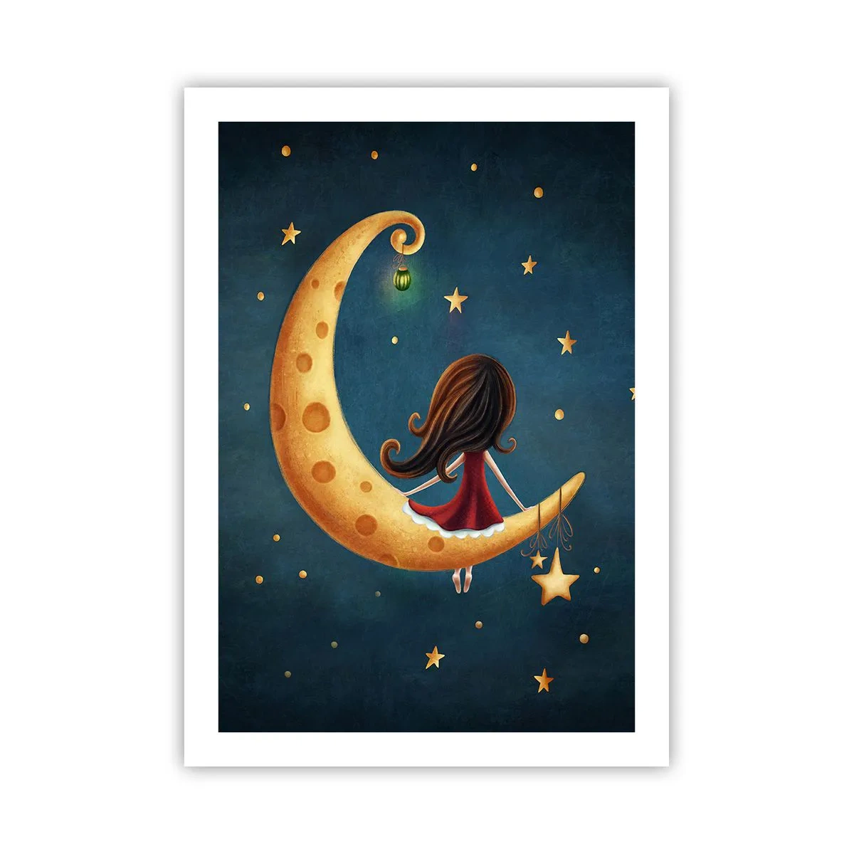 Poster - Una ragazza sulla luna circondata da stelle e una lanterna - 50x70cm - Una volta... - Decorazione murale moderna per soggiorno e camera da letto ARTTOR