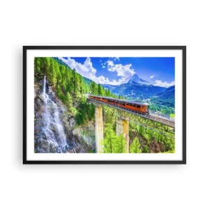 Poster in cornice nera - Montagne russe su un ponte con vista su una cascata e sulle montagne - 70x50cm - Ferrovia alpina - Decorazione murale moderna per soggiorno e camera da letto ARTTOR