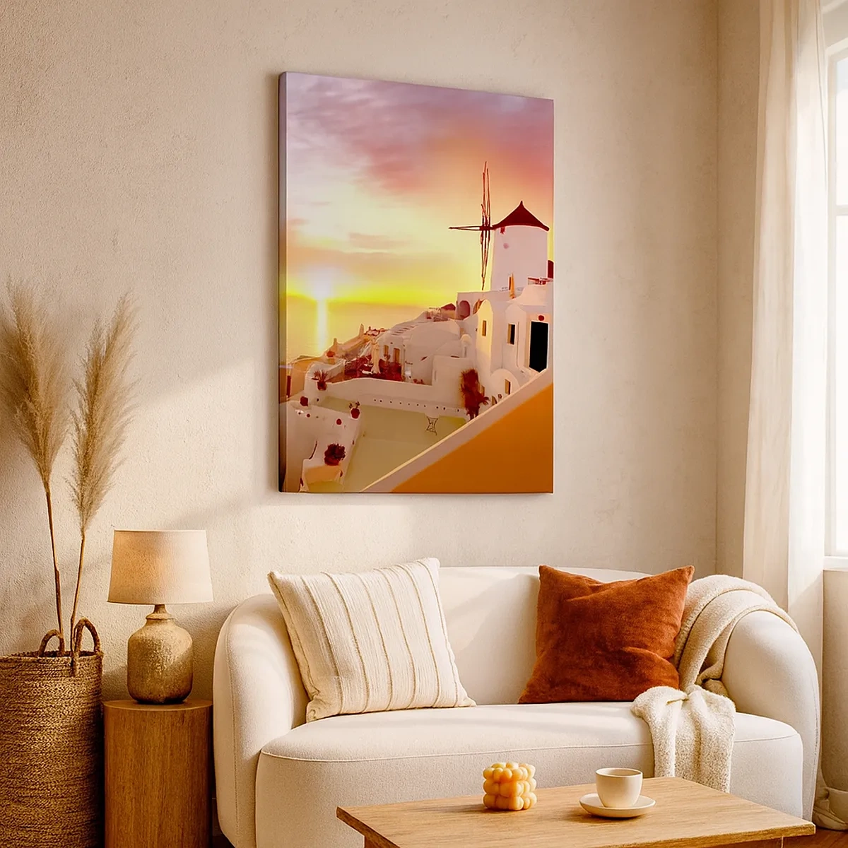 Quadro su tela - Stampe su Tela - Santorini al tramonto con un mulino a vento - 50x70cm - Sciogliersi nel bianco e nell'oro - Decorazione murale moderna per soggiorno e camera da letto ARTTOR