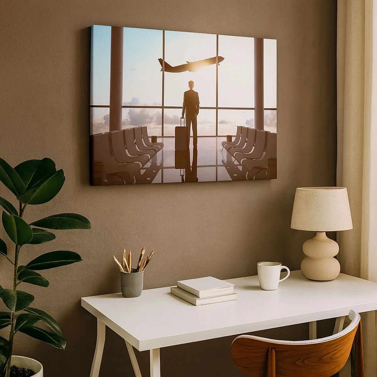 Quadro su tela - Stampe su Tela - Uomo d'affari all'aeroporto con un aereo sullo sfondo - 70x50cm - Hai tempo, rallenta - Decorazione murale moderna per soggiorno e camera da letto ARTTOR