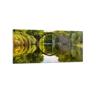 Quadro su vetro - Un ponte di pietra sopra un fiume con un riflesso perfetto nell'acqua - 120x50cm - All'incontro di due mondi - Decorazione murale moderna per soggiorno e camera da letto ARTTOR