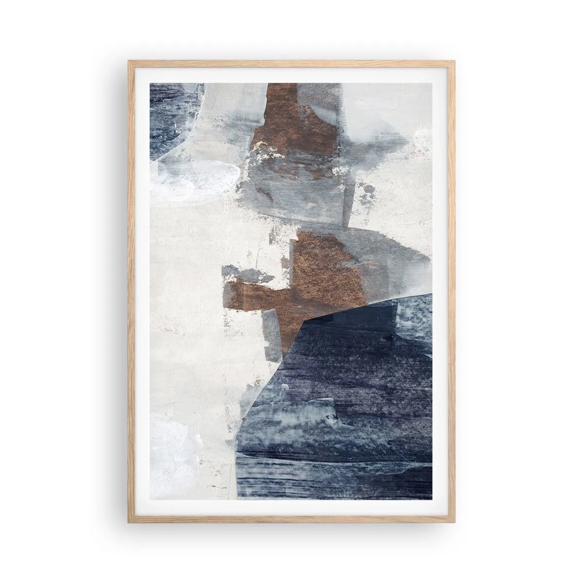 Poster in cornice rovere chiaro - Forme blu e marroni - 70x100 cm