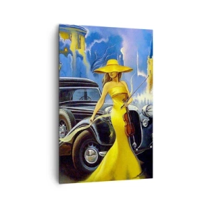 Quadro su tela - Stampe su Tela - Una donna con un vestito giallo e un violino accanto a un'auto d'epoca. - 80x120cm - Notturno per violino e amore - Decorazione murale moderna per soggiorno e camera da letto ARTTOR
