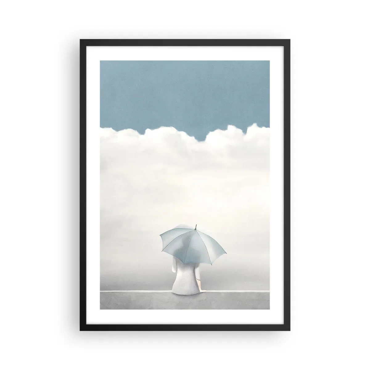 Poster in cornice nera - Una figura con un ombrello seduta su una sporgenza tra le nuvole - 50x70cm - Al confine tra sonno e veglia - Decorazione murale moderna per soggiorno e camera da letto ARTTOR
