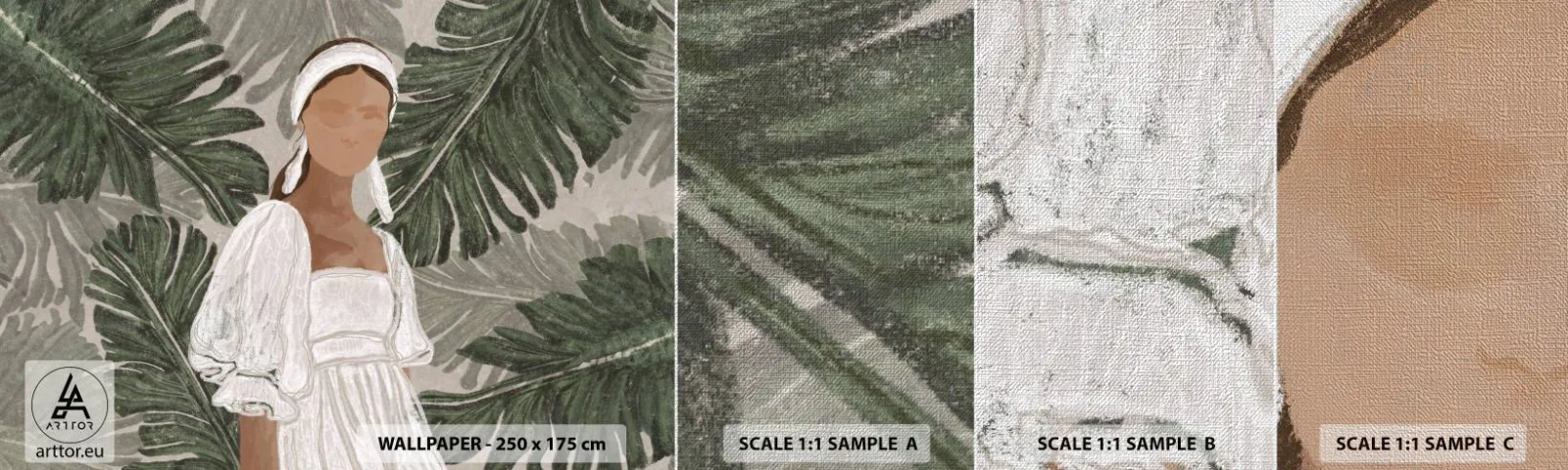 Campione di Fotomurale Premium Canvas - Ritratto esotico - Boho, Donna, Foglie - 100x30 cm