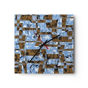 Orologio da parete - Orologio in Vetro - Una composizione astratta di rettangoli nelle tonalità del marrone e del blu. - 30x30cm - Carta ritagliata - Decorazione murale moderna per soggiorno e camera da letto ARTTOR