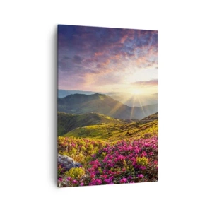 Quadro su tela - Stampe su Tela - Paesaggio montano con rododendri in fiore - 70x100cm - La freschezza di un mattino sui monti - Decorazione murale moderna per soggiorno e camera da letto ARTTOR