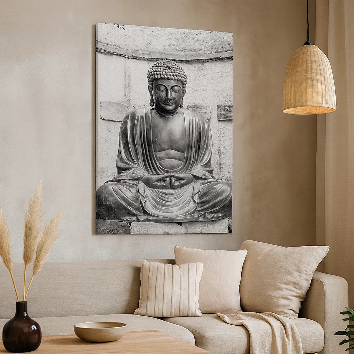 Quadro su tela - Stampe su Tela - Statua del Buddha in bianco e nero in posa meditativa - 50x70cm - Alla fonte della pace - Decorazione murale moderna per soggiorno e camera da letto ARTTOR
