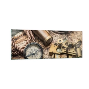 Quadro su vetro - Una bussola, un sestante e un telescopio sullo sfondo di una vecchia mappa e di una corda nautica. - 140x50cm - Traccia la rotta - Decorazione murale moderna per soggiorno e camera da letto ARTTOR