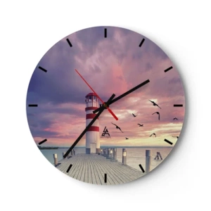 Orologio da parete - Orologio in Vetro - Faro al tramonto sull'acqua - 30x30cm - Tempo di tornare in porto - Decorazione murale moderna per soggiorno, cucina e camera da letto ARTTOR