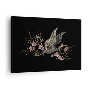 Quadro su tela - Stampe su Tela - Un uccello in volo con fiori su sfondo nero - 70x50cm - Uccello esotico ricamato - Decorazione murale moderna per soggiorno e camera da letto ARTTOR