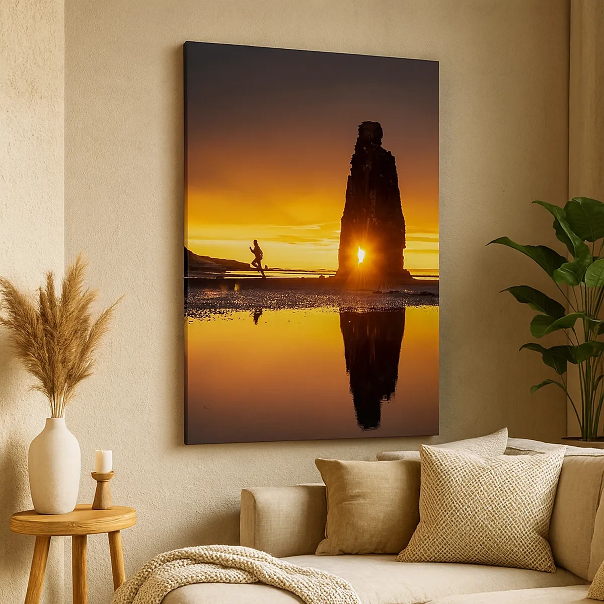 Quadro su tela - Stampe su Tela - Persona che corre sulla spiaggia al tramonto con formazione rocciosa - 50x70cm - Solo tu e la natura - Decorazione murale moderna per soggiorno e camera da letto ARTTOR