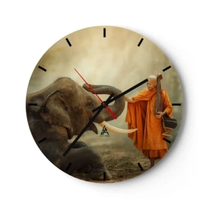 Orologio da parete - Orologio in Vetro - Un monaco buddista e un elefante in un ambiente naturale e tranquillo - 30x30cm - Incontro nel viaggio - Decorazione murale moderna per soggiorno, cucina e camera da letto ARTTOR