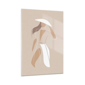 Quadro su vetro - Figura stilizzata di una donna con un cappello bianco - 50x70cm - La moda è un gioco - Decorazione murale moderna per soggiorno e camera da letto ARTTOR