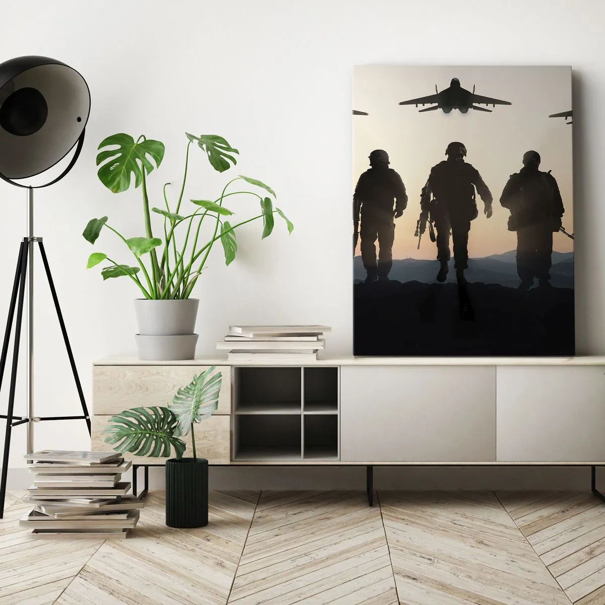 Quadro su tela - Stampe su Tela - Sagome di soldati e aerei da combattimento sullo sfondo del tramonto - 50x70cm - Benvenuto nel nostro mondo - Decorazione murale moderna per soggiorno e camera da letto ARTTOR