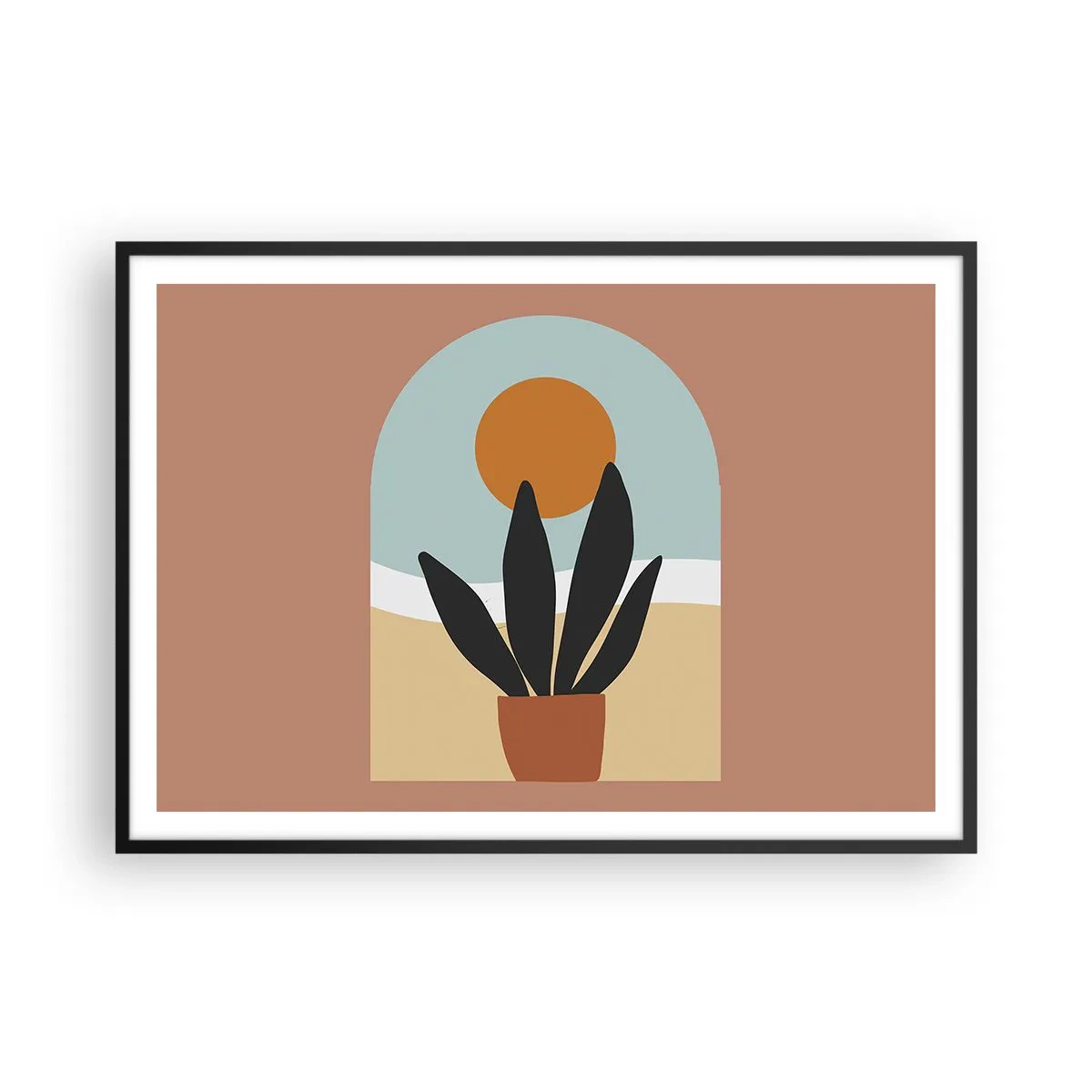 Poster in cornice nera - Una pianta nera in un vaso contro il sole - 100x70cm - Piccole gioie - Decorazione murale moderna per soggiorno e camera da letto ARTTOR