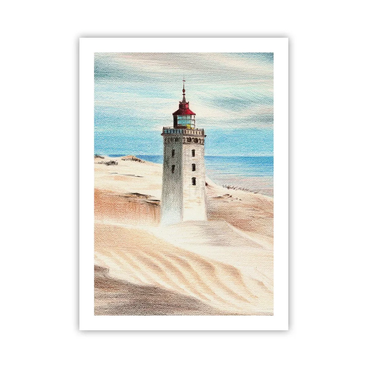Poster - Un faro sullo sfondo di dune di sabbia e cielo azzurro - 50x70cm - Sempre guardando il mare - Decorazione murale moderna per soggiorno e camera da letto ARTTOR
