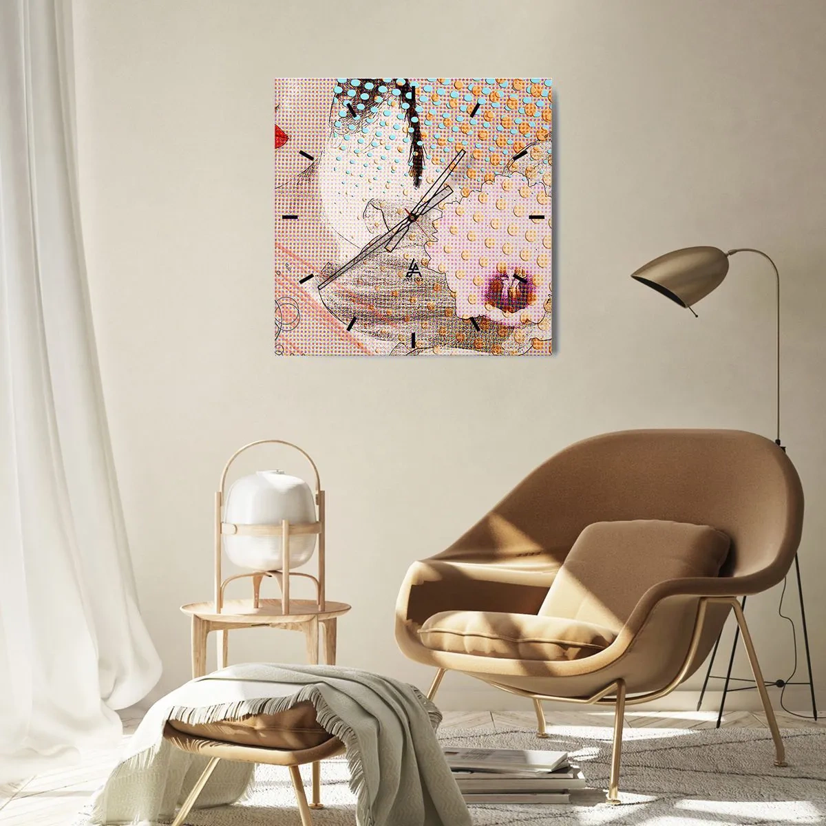 Orologio da parete - Orologio in Vetro - Opera d'arte astratta con motivo di bocca e orchidea - 30x30cm - Eroina dei fumetti - Decorazione murale moderna per soggiorno e camera da letto ARTTOR