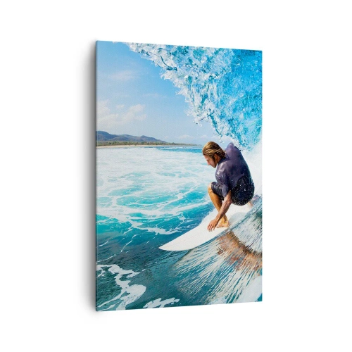 Quadro su tela - Stampe su Tela - Un surfista in posa dinamica su un'onda in acqua turchese. - 70x100cm - Ballando con le onde - Decorazione murale moderna per soggiorno e camera da letto ARTTOR