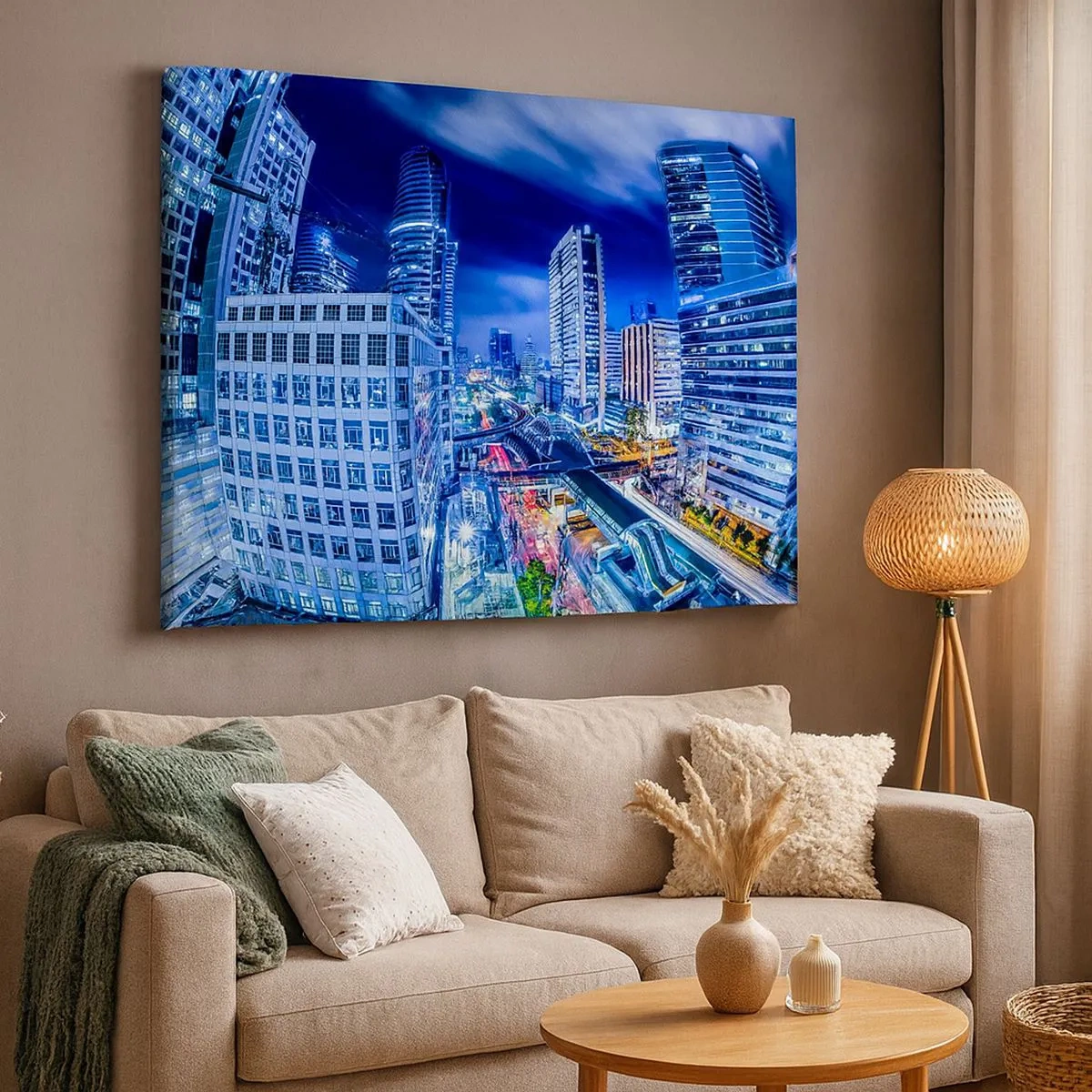 Quadro su tela - Stampe su Tela - Panorama notturno della città con grattacieli e lampioni - 70x50cm - Il ritmo notturno della città - Decorazione murale moderna per soggiorno e camera da letto ARTTOR
