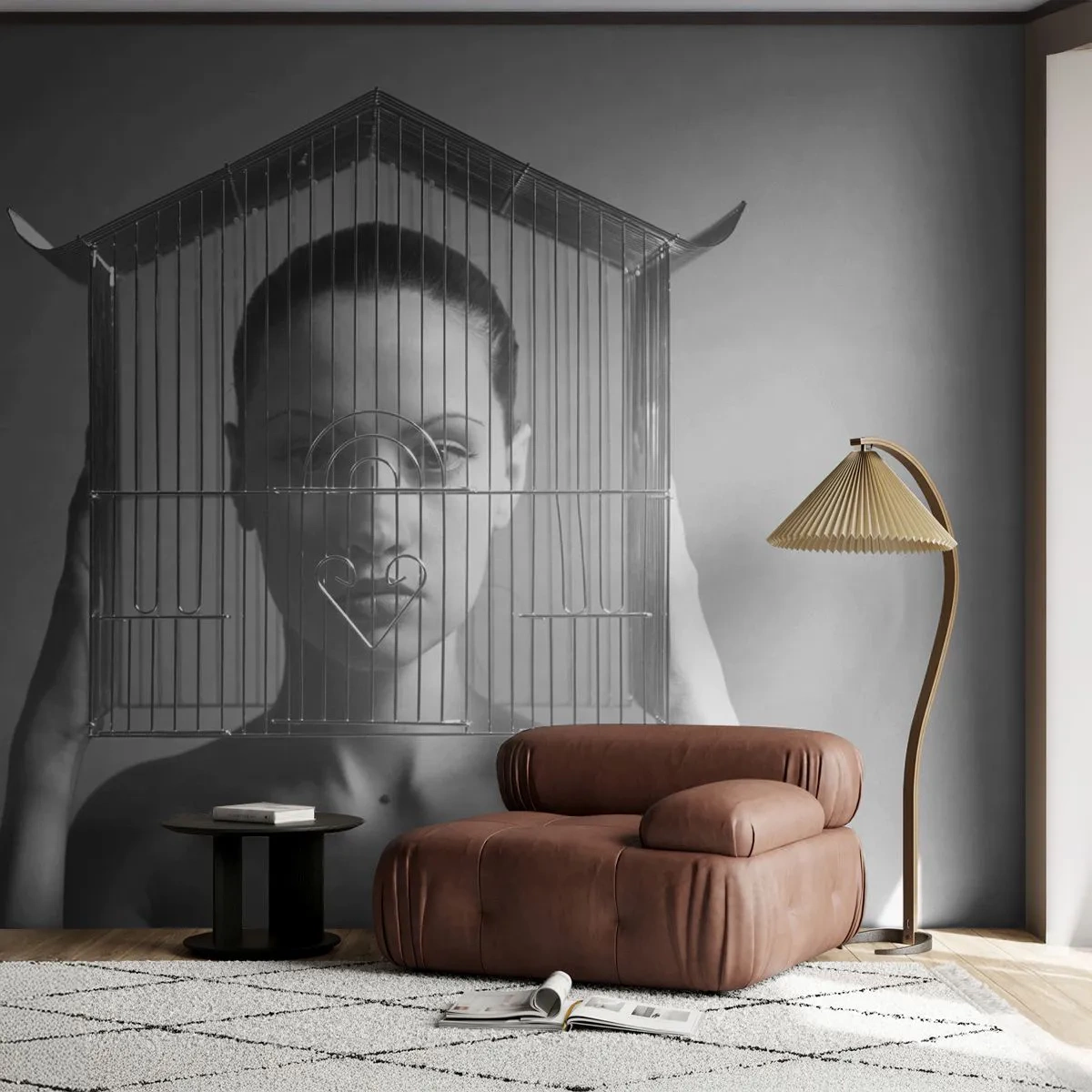 Fotomurali Premium Sand - Una donna dietro una gabbia in uno scatto artistico in bianco e nero - 100x70cm - Ritratto un po' surreale - Decorazione murale moderna per soggiorno e camera da letto ARTTOR
