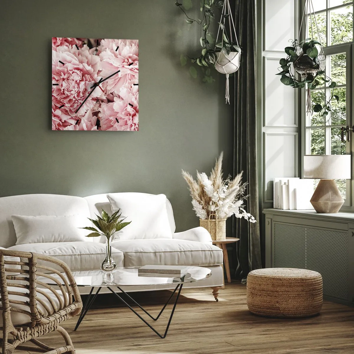 Orologio da parete - Orologio in Vetro - Delicate peonie rosa in un ambiente delicato - 30x30cm - Sogno rosa - Decorazione murale moderna per soggiorno e camera da letto ARTTOR