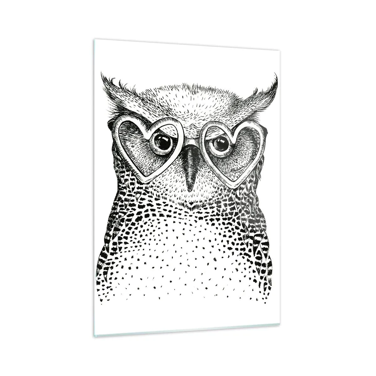 Quadro su vetro - Illustrazione di un gufo che indossa occhiali a forma di cuore - 50x70cm - Saggiamente e con amore - Decorazione murale moderna per soggiorno e camera da letto ARTTOR