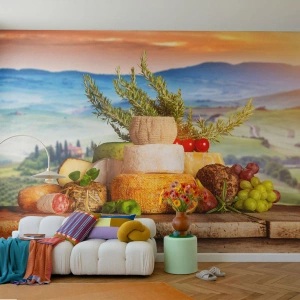 Fotomurali Premium Sand - Un tagliere di formaggi e salumi sullo sfondo del paesaggio toscano - 100x70cm - La gioia italiana della vita - Decorazione murale moderna per soggiorno e camera da letto ARTTOR