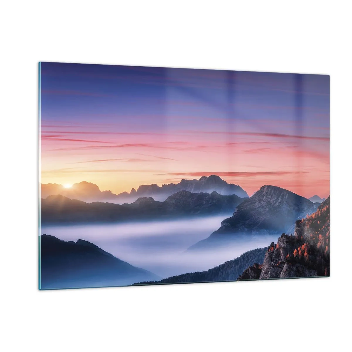 Quadro su vetro - Un'alba pittoresca sul paesaggio montano - 120x80cm - Sopra le valli - Decorazione murale moderna per soggiorno e camera da letto ARTTOR
