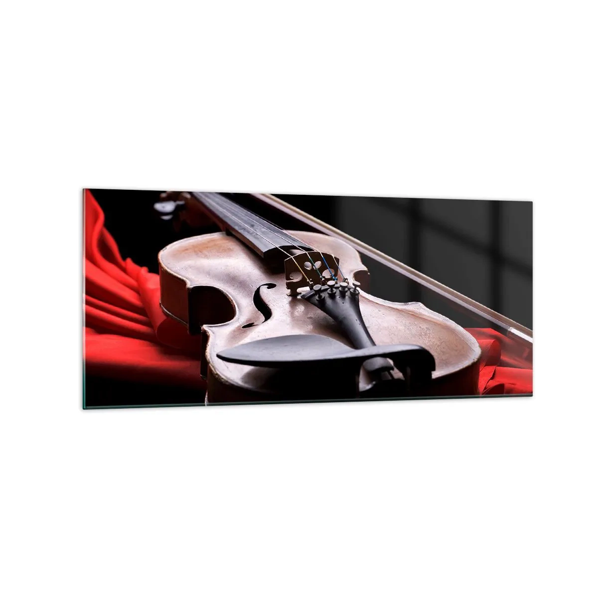 Quadro su vetro - Violino su tessuto rosso con sfondo nero - 120x50cm - La musica dei sentimenti - Decorazione murale moderna per soggiorno e camera da letto ARTTOR
