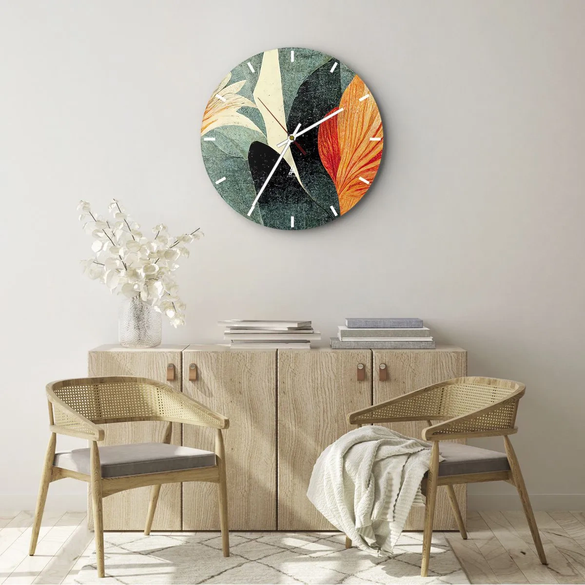 Orologio da parete - Orologio in Vetro - Fiori rosso-arancio su foglie verde scuro - 30x30cm - Caldo dei tropici e fresco del verde - Decorazione murale moderna per soggiorno, cucina e camera da letto ARTTOR