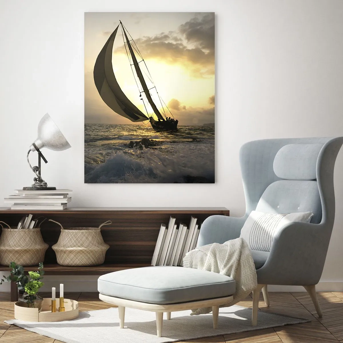 Quadro su vetro - Barche a vela in mare al tramonto - 70x100cm - Con il vento e controvento - Decorazione murale moderna per soggiorno e camera da letto ARTTOR