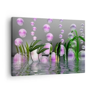 Quadro su tela - Stampe su Tela - Foglie verdi e bolle rosa sopra l'acqua su uno sfondo grigio - 70x50cm - Composizione meditativa su leggerezza e vita - Decorazione murale moderna per soggiorno e camera da letto ARTTOR
