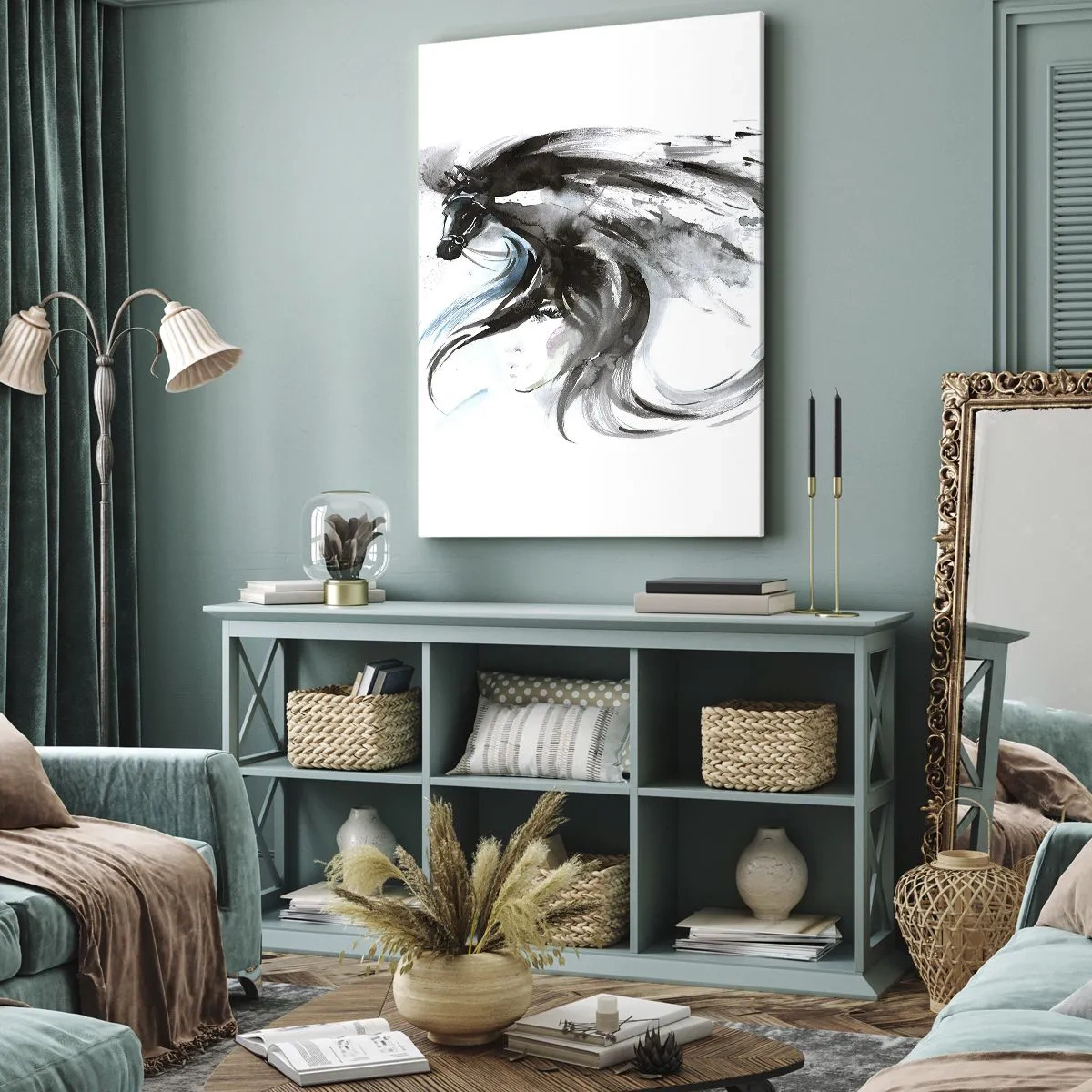 Quadro su tela - Stampe su Tela - Una donna e un cavallo in un acquerello mistico e pieno di dinamiche - 50x70cm - Il galoppo del Principe Nero - Decorazione murale moderna per soggiorno e camera da letto ARTTOR