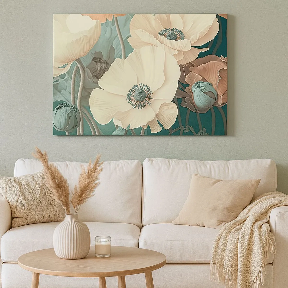Quadro su tela - Stampe su Tela - Eleganti fiori in tonalità pastello su sfondo verde - 70x50cm - Il sussurro dei papaveri - Decorazione murale moderna per soggiorno e camera da letto ARTTOR