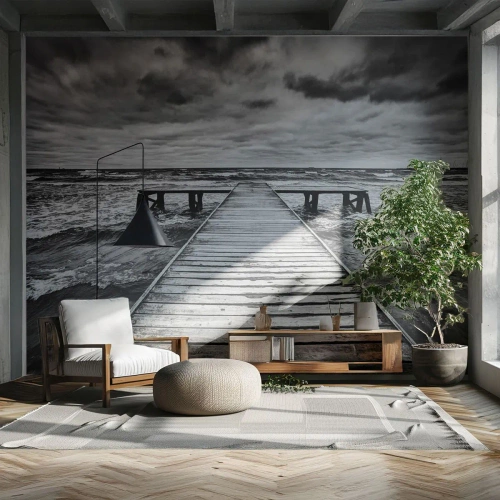 Fotomurali Premium Sand - Molo di legno in bianco e nero - 100x70cm - Aspetto che il vento le scacci via... - Decorazione murale moderna per soggiorno e camera da letto ARTTOR