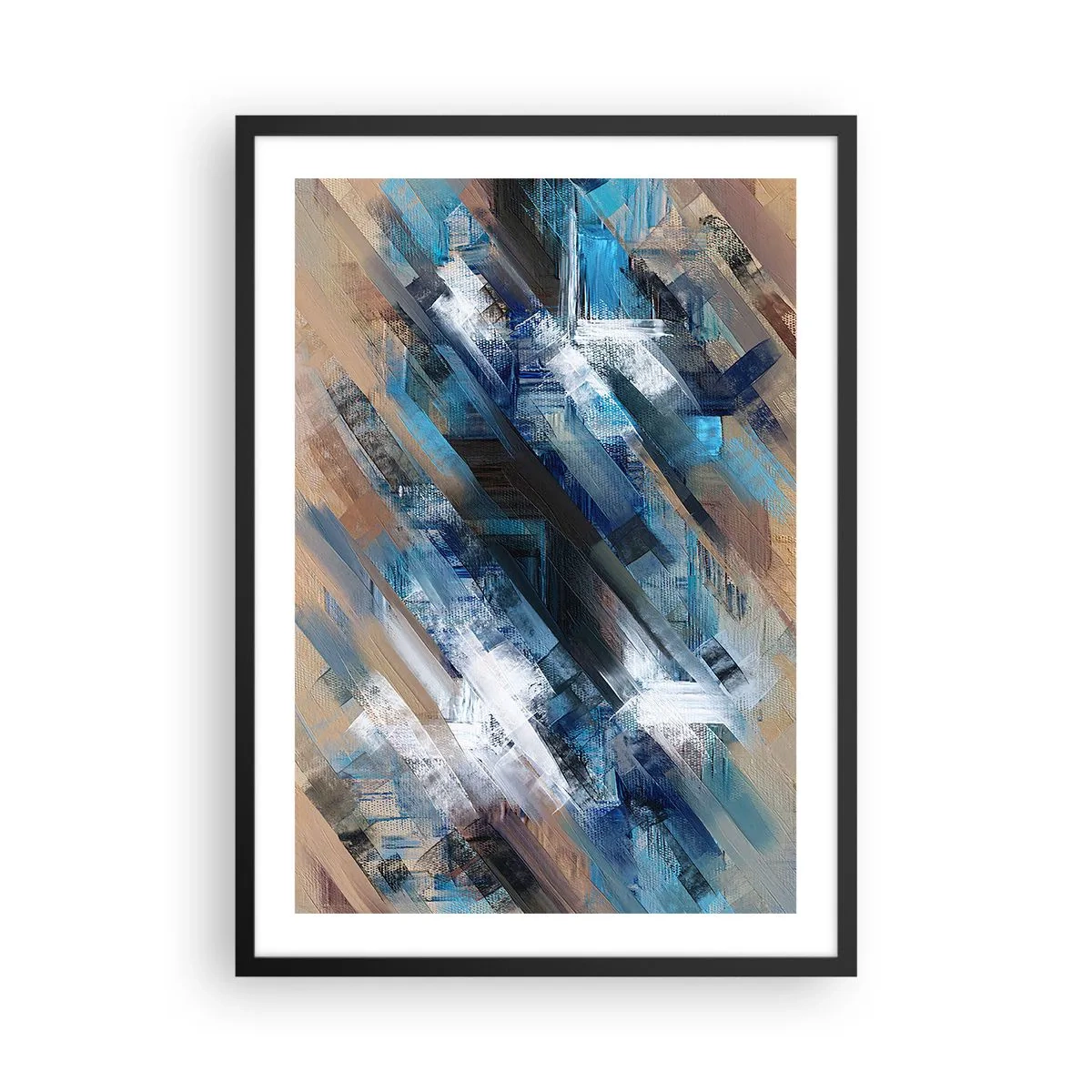 Poster in cornice nera - Una composizione astratta con linee diagonali nelle tonalità del blu. - 50x70cm - Sulla diagonale blu - Decorazione murale moderna per soggiorno e camera da letto ARTTOR