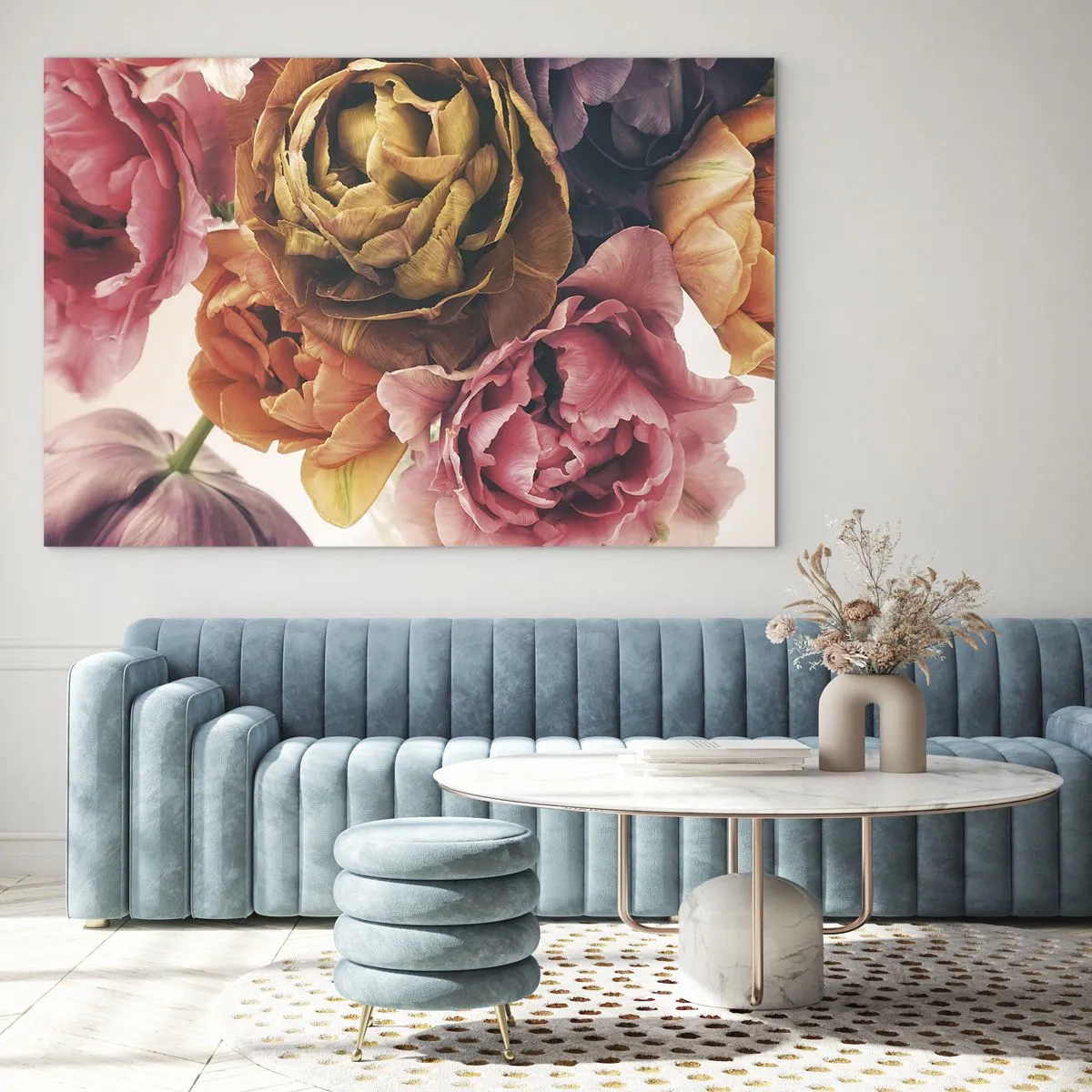Quadro su vetro - Un primo piano di un bouquet di fiori multicolori - 70x50cm - La festa della vita - Decorazione murale moderna per soggiorno e camera da letto ARTTOR
