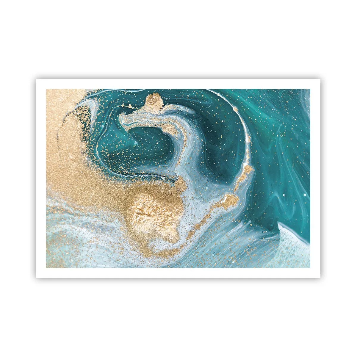 Poster - Vortice astratto nei toni del turchese e dell'oro - 100x70cm - Vortice di oro e turchese - Decorazione murale moderna per soggiorno e camera da letto ARTTOR