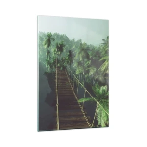 Quadro su vetro - Un ponte sospeso in una foresta tropicale circondato dalla nebbia. - 80x120cm - Nel vortice del verde - Decorazione murale moderna per soggiorno e camera da letto ARTTOR