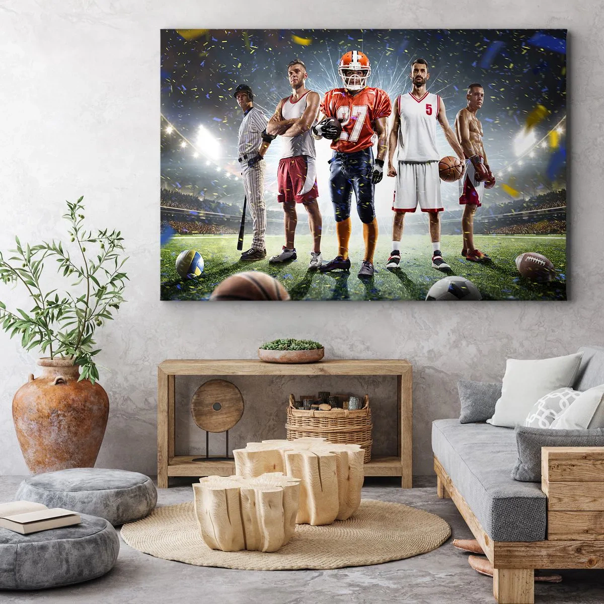 Quadro su tela - Stampe su Tela - Una scena dinamica di atleti di varie discipline nello stadio sotto i riflettori - 70x50cm - I campi dei gladiatori - Decorazione murale moderna per soggiorno e camera da letto ARTTOR