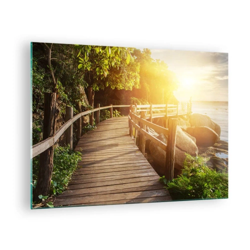 Quadro su vetro - Un sentiero in legno tra gli alberi in riva al mare alla luce del tramonto - 70x50cm - Altra curva, altre meraviglie - Decorazione murale moderna per soggiorno e camera da letto ARTTOR