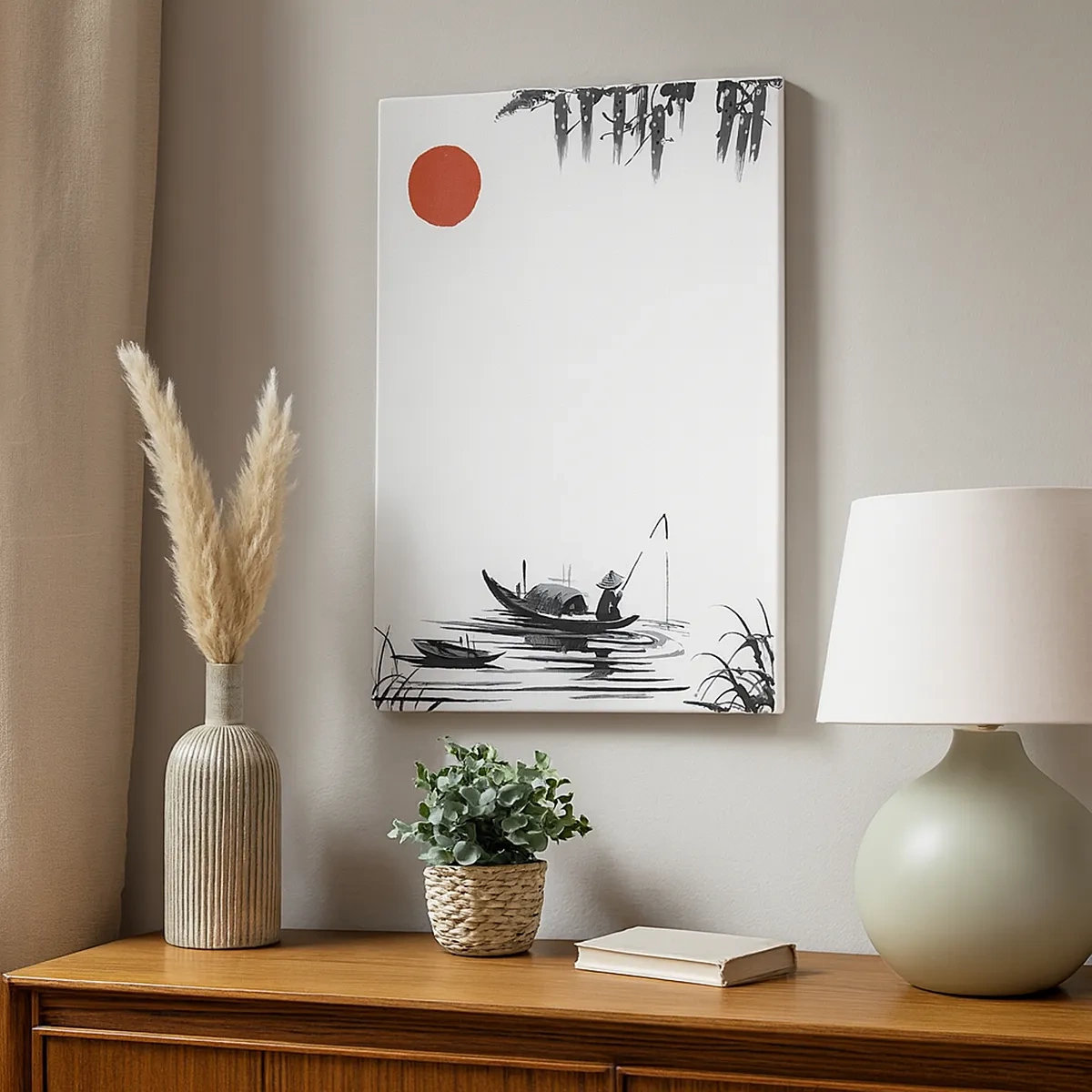 Quadro su tela - Stampe su Tela - Paesaggio orientale con un pescatore su una barca e un sole rosso - 50x70cm - Pomeriggio asiatico - Decorazione murale moderna per soggiorno e camera da letto ARTTOR