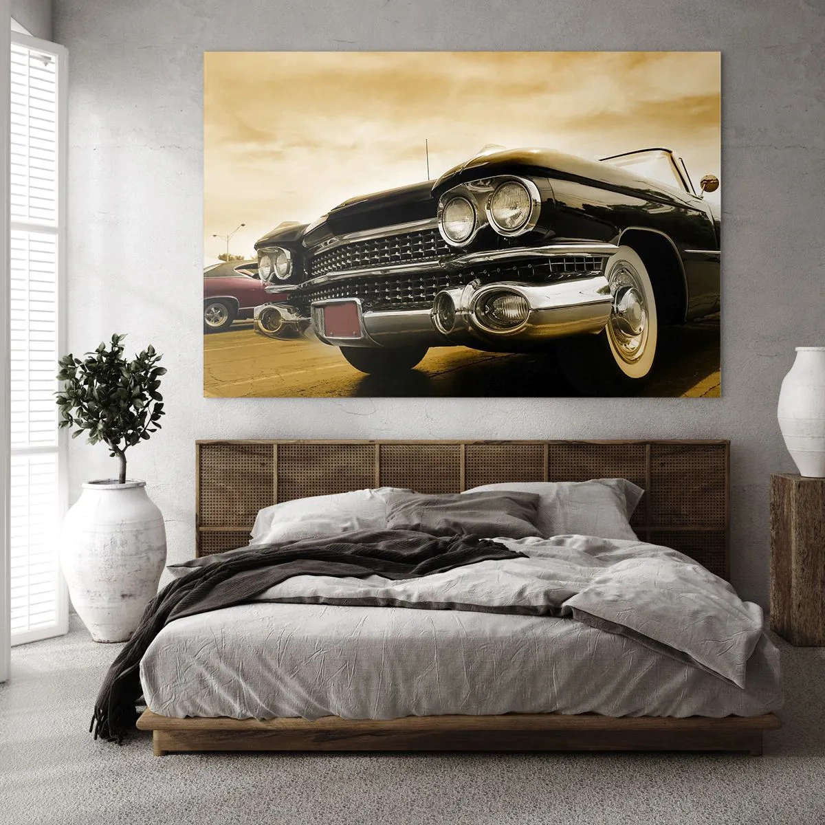 Quadro su vetro - La parte anteriore di un'auto d'epoca in un elegante stile retrò - 70x50cm - Il classico non è mai fuori moda - Decorazione murale moderna per soggiorno e camera da letto ARTTOR