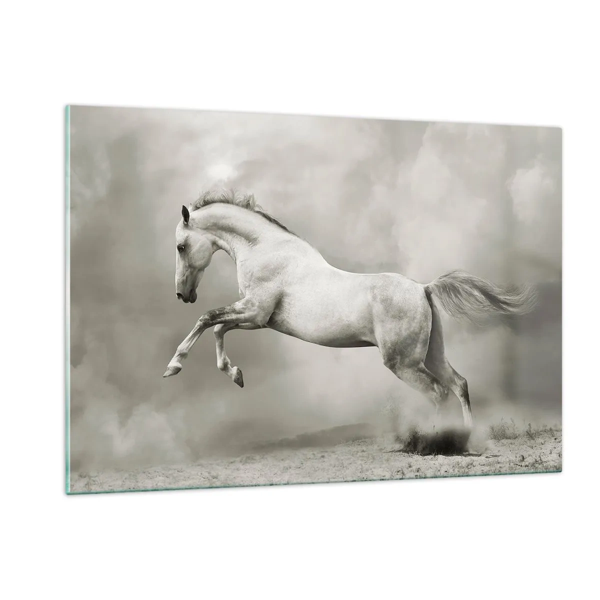 Quadro su vetro - Un cavallo bianco che salta contro le nuvole - 120x80cm - Tra la veglia e il sonno, - Decorazione murale moderna per soggiorno e camera da letto ARTTOR