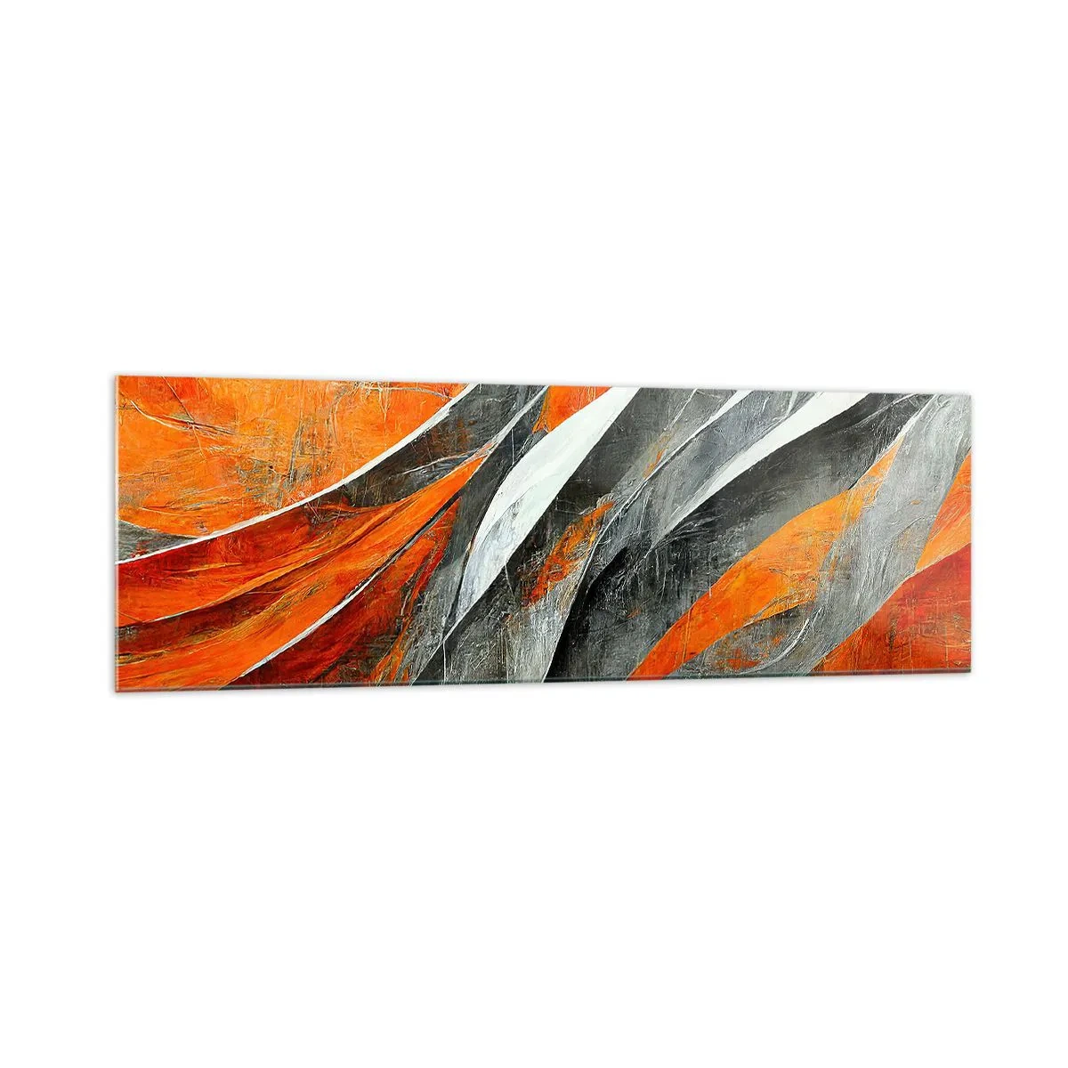 Quadro su vetro - Linee astratte nei toni dell'arancione e del grigio - 160x50cm - Caldo e freddo - Decorazione murale moderna per soggiorno e camera da letto ARTTOR