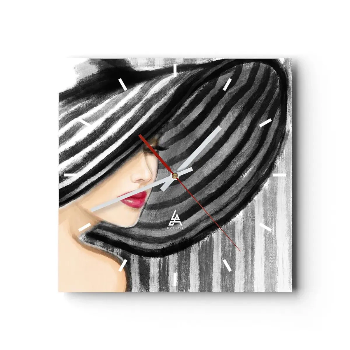 Orologio da parete - Orologio in Vetro - Donna che indossa un cappello bianco e nero con un accento rosso - 30x30cm - Dove trovarti? - Decorazione murale moderna per soggiorno e camera da letto ARTTOR